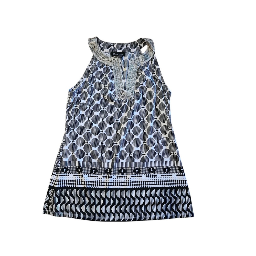 INC International Concepts Beaded Halter Top Sleeveless Blouse Black White L